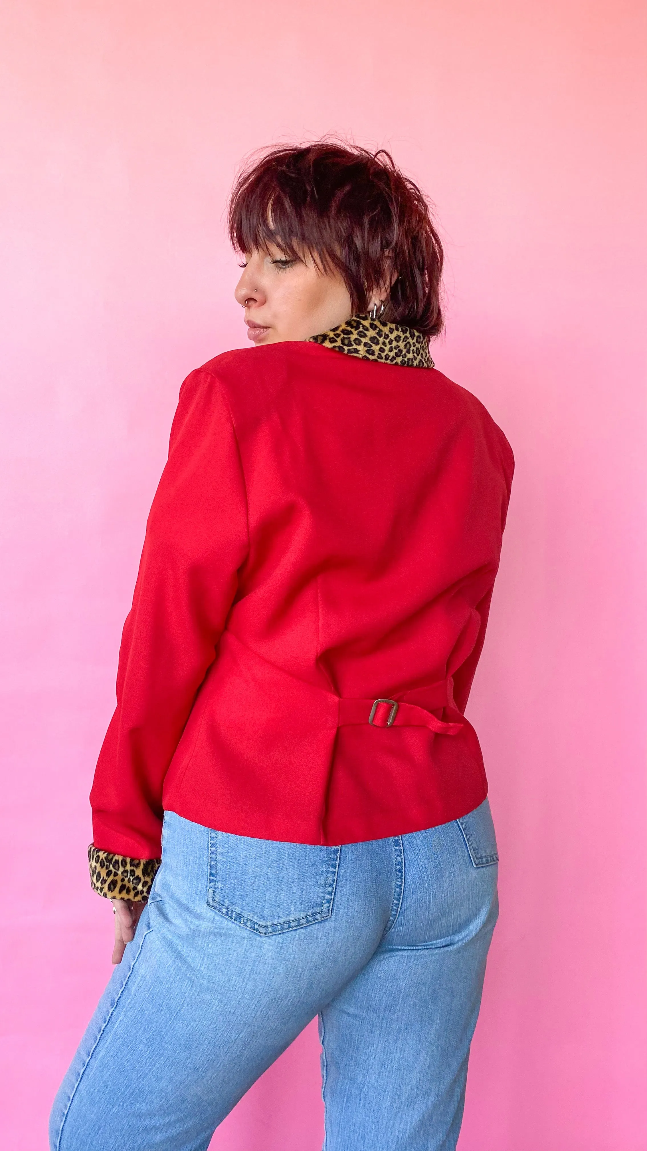 1990s Red Leopard Fur Trimmed Jacket, sz. L