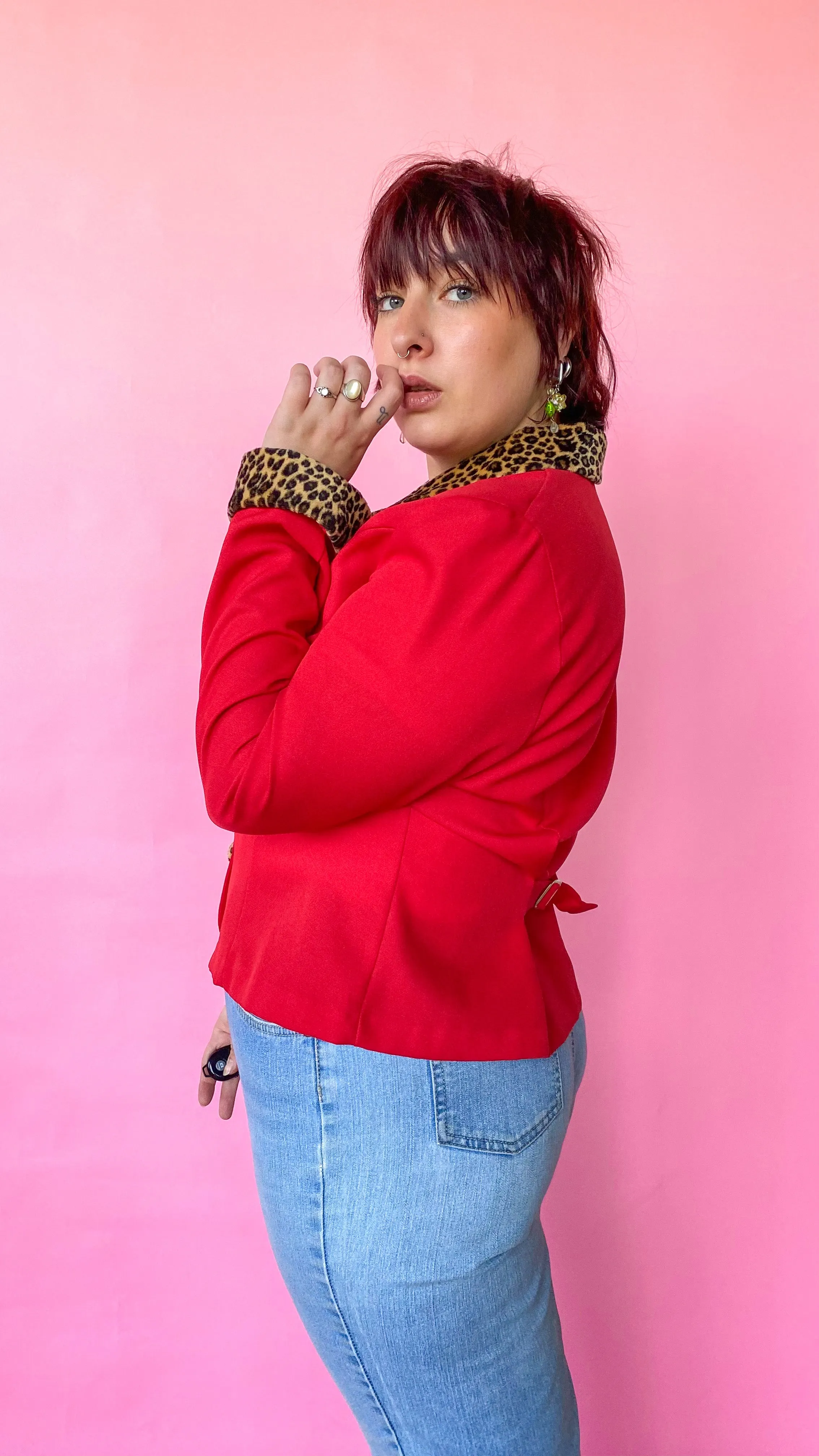 1990s Red Leopard Fur Trimmed Jacket, sz. L