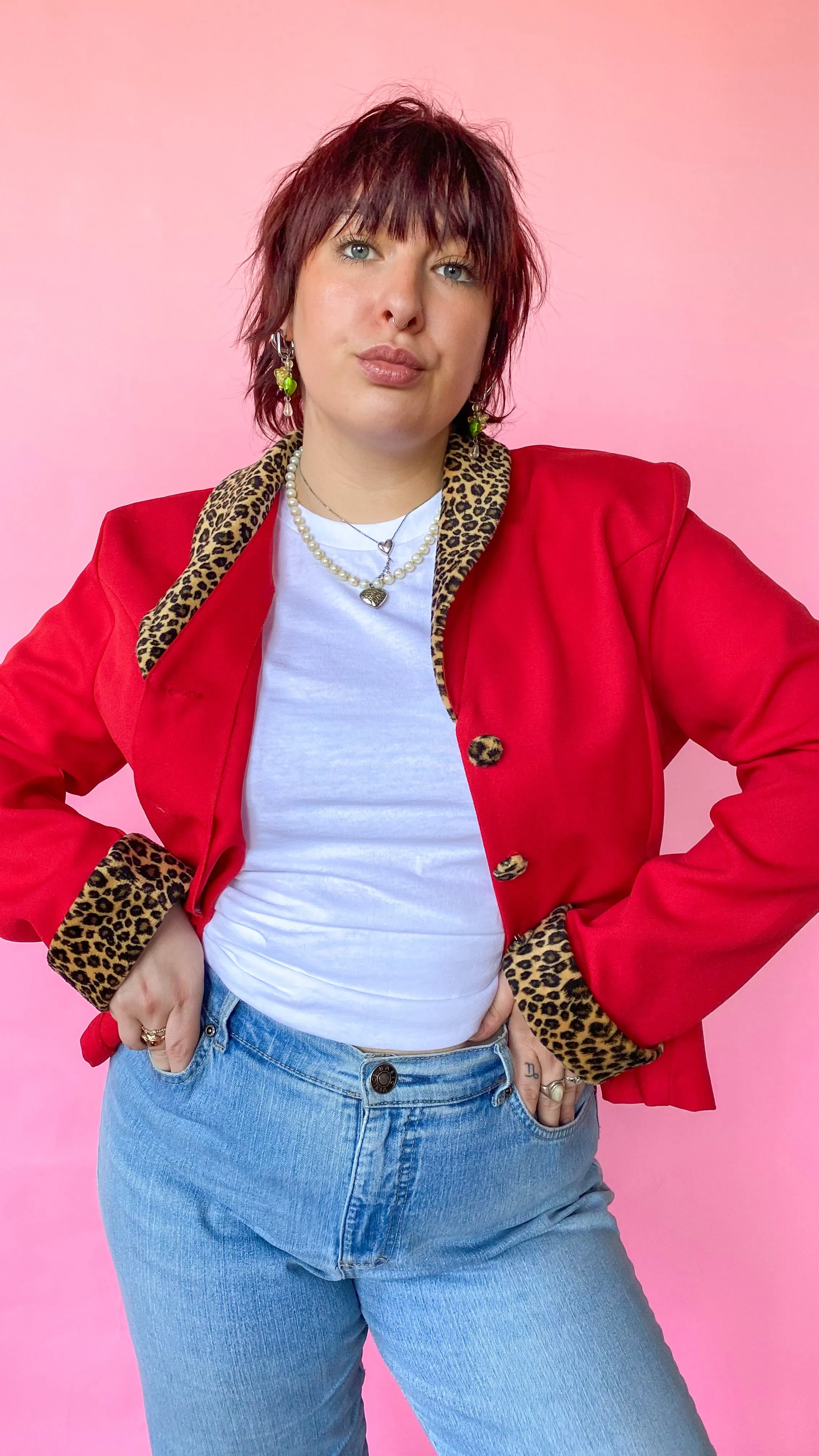 1990s Red Leopard Fur Trimmed Jacket, sz. L