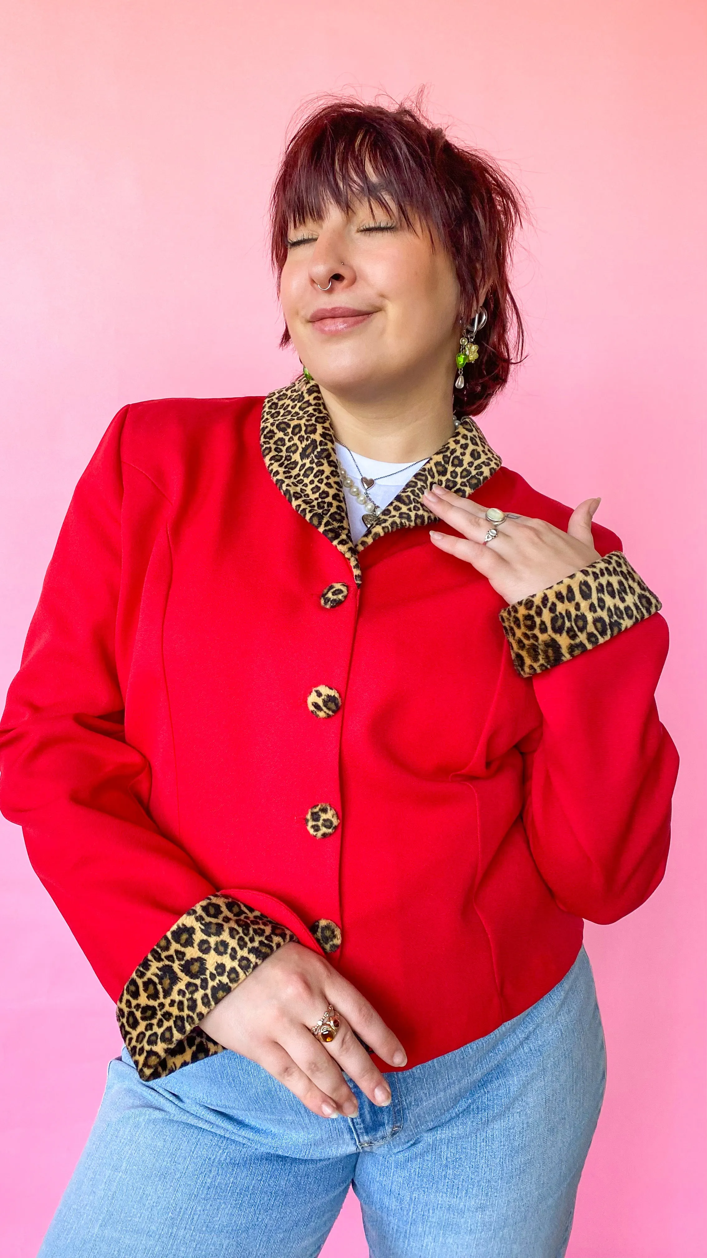 1990s Red Leopard Fur Trimmed Jacket, sz. L
