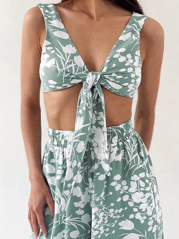 3Pcs Bow Floral Crop Top Set