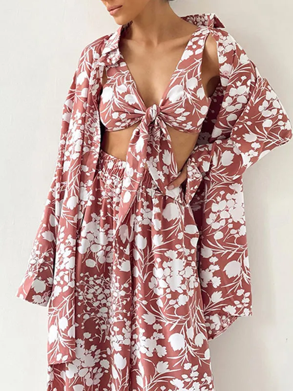 3Pcs Bow Floral Crop Top Set