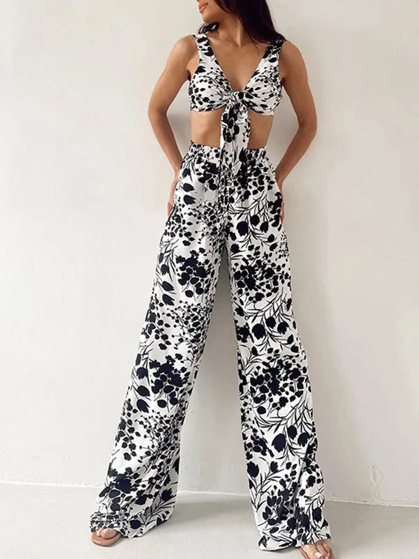 3Pcs Bow Floral Crop Top Set