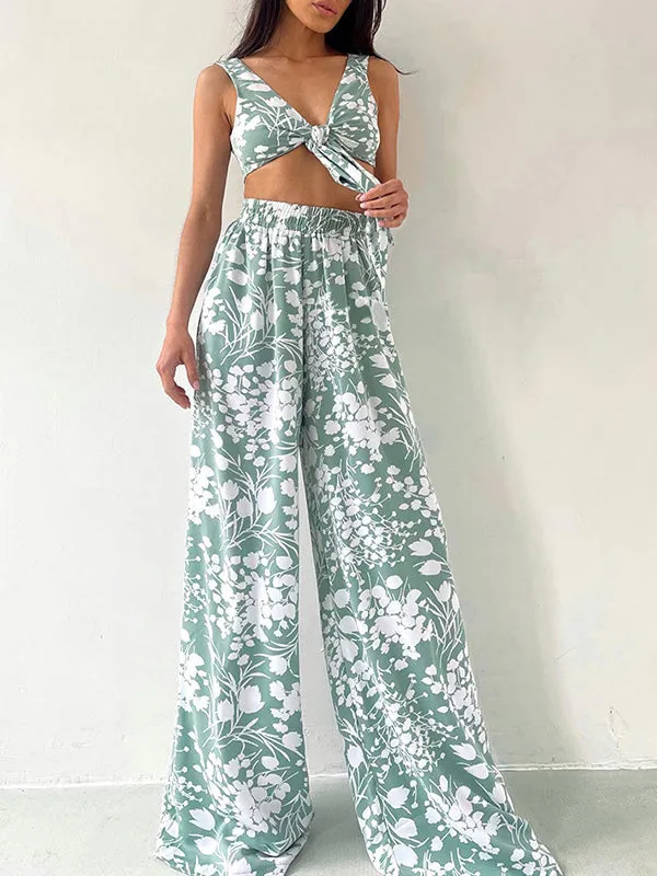 3Pcs Bow Floral Crop Top Set