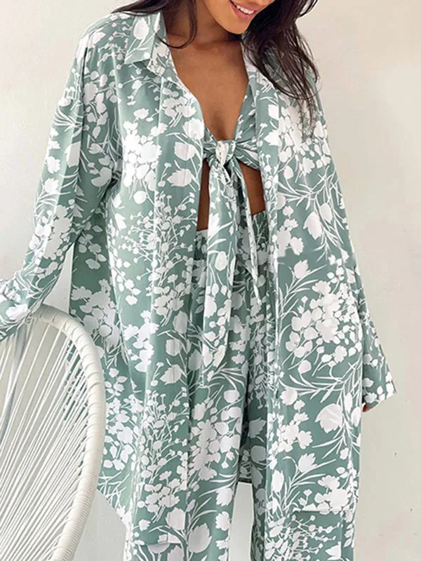 3Pcs Bow Floral Crop Top Set