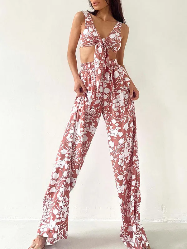 3Pcs Bow Floral Crop Top Set