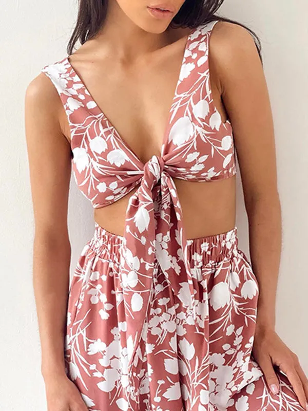 3Pcs Bow Floral Crop Top Set