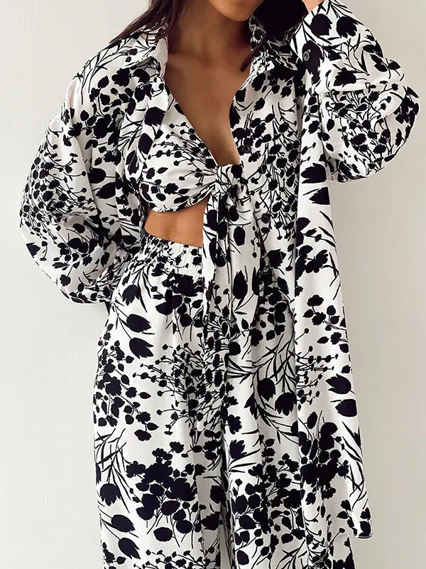 3Pcs Bow Floral Crop Top Set