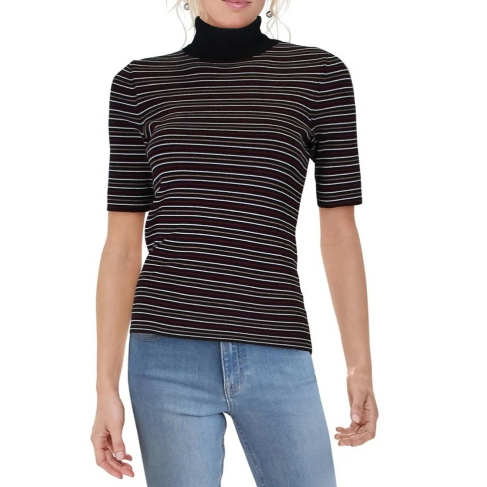 Anne Klein Striped Half Sleeve Sweater Top XS