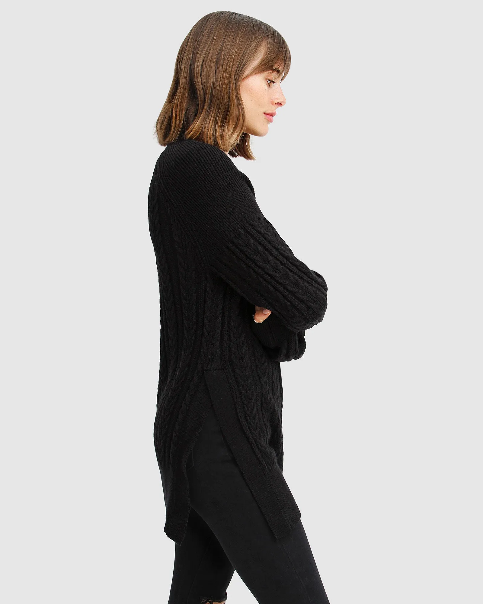 At Last Cable Knit Jumper with Slit - Black