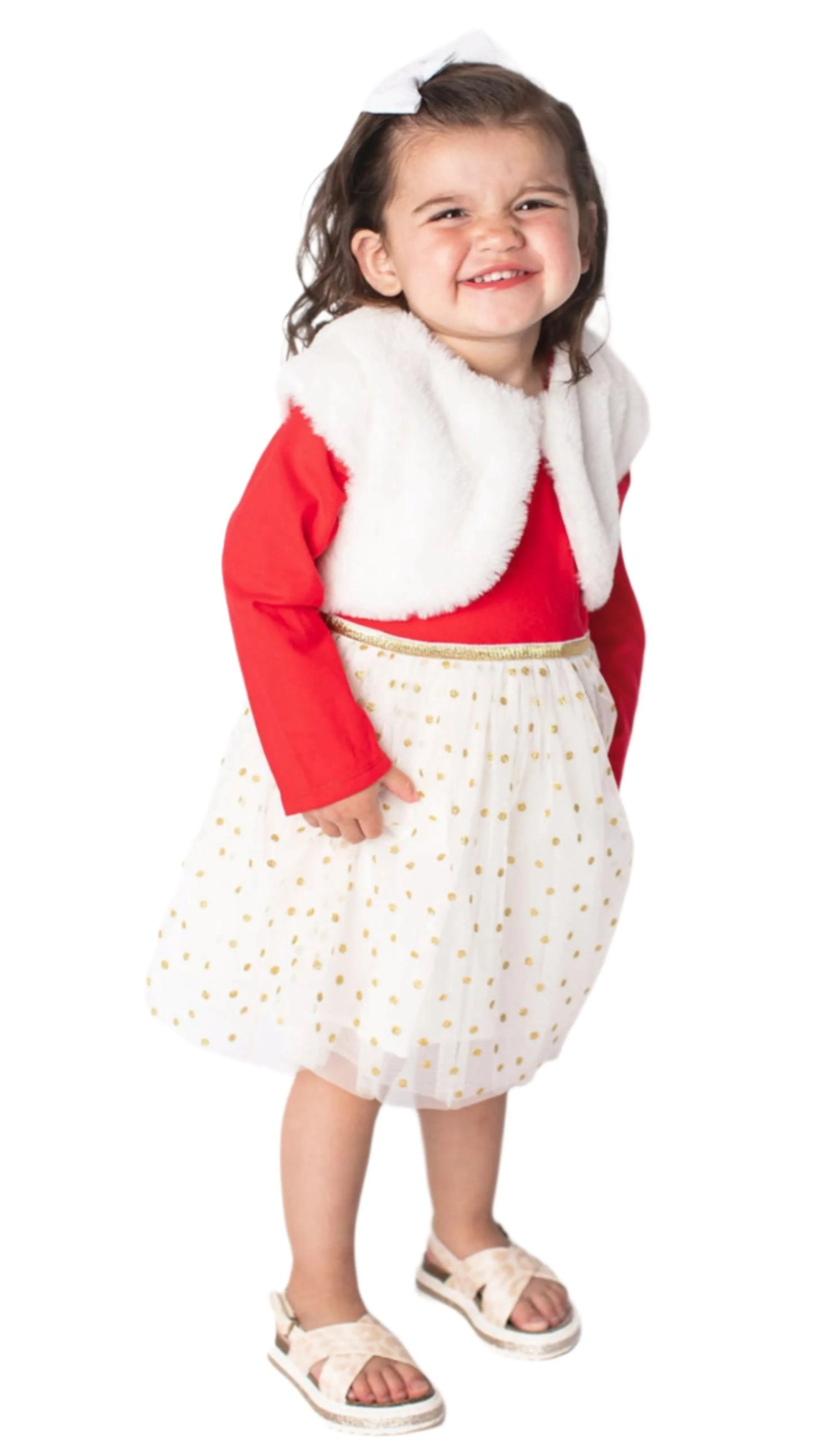Baby Girls Red and White Long Sleeve Dress with Faux Fur Bolero