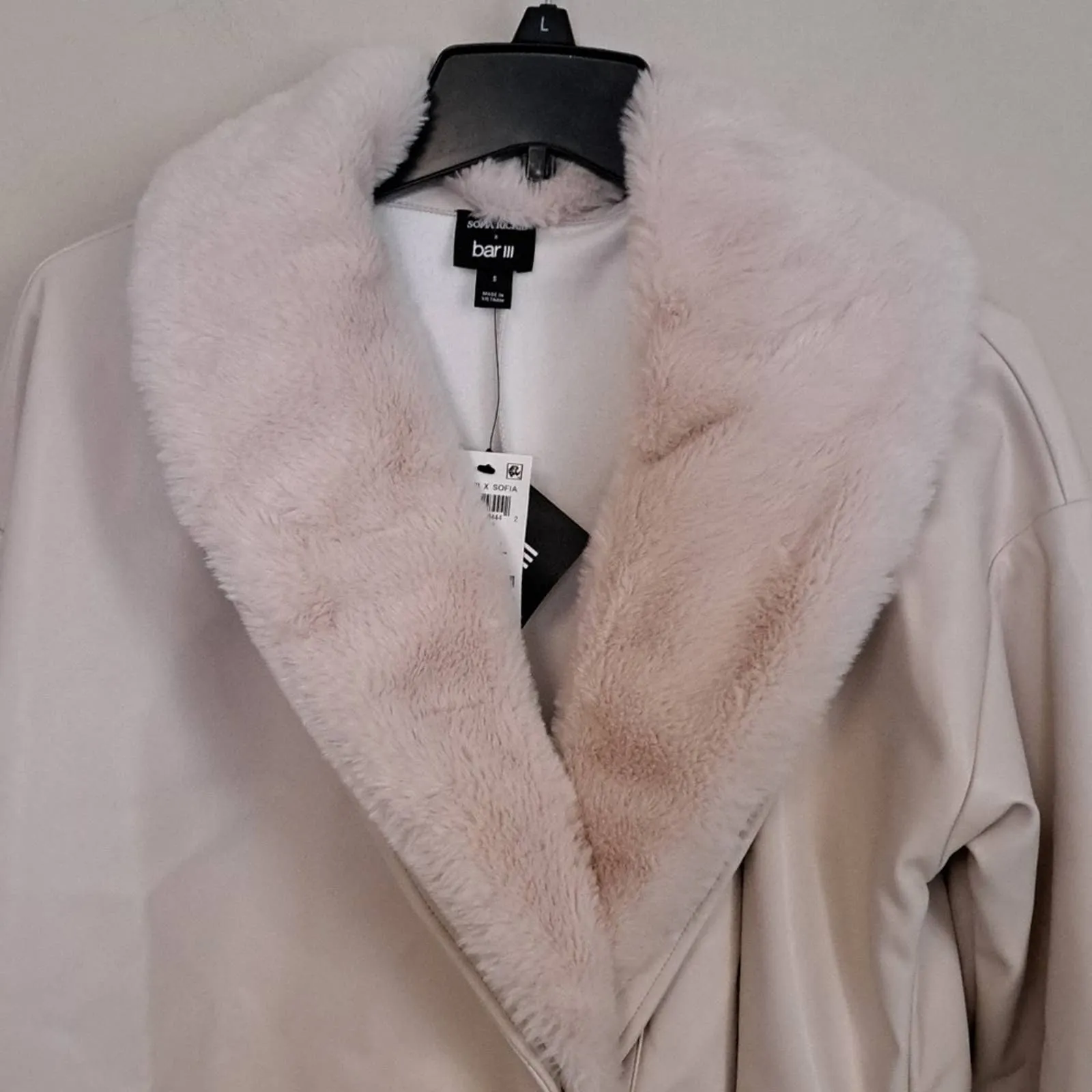 Bar III x Sofia Richie Mixed-Media Faux-Leather Coat Ivory