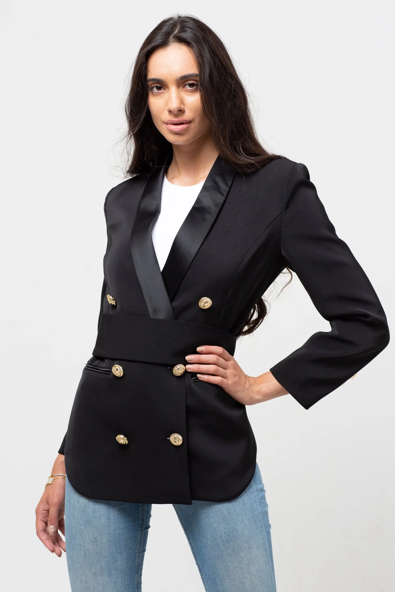 BELTED GOLD BUTTON BLAZER BLACK