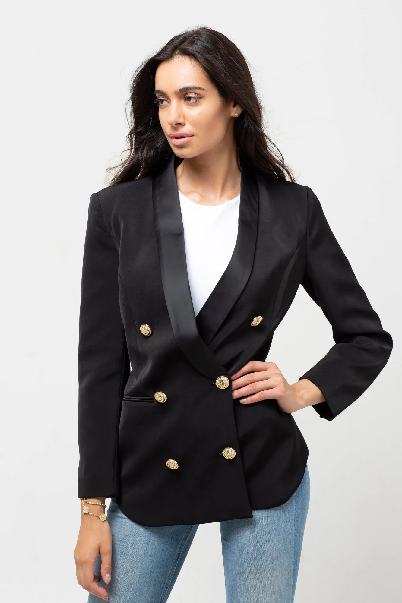 BELTED GOLD BUTTON BLAZER BLACK