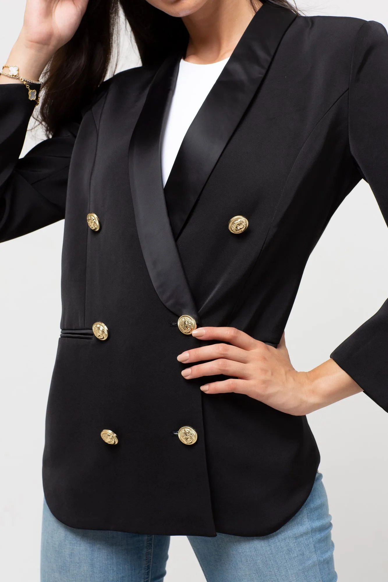 BELTED GOLD BUTTON BLAZER BLACK