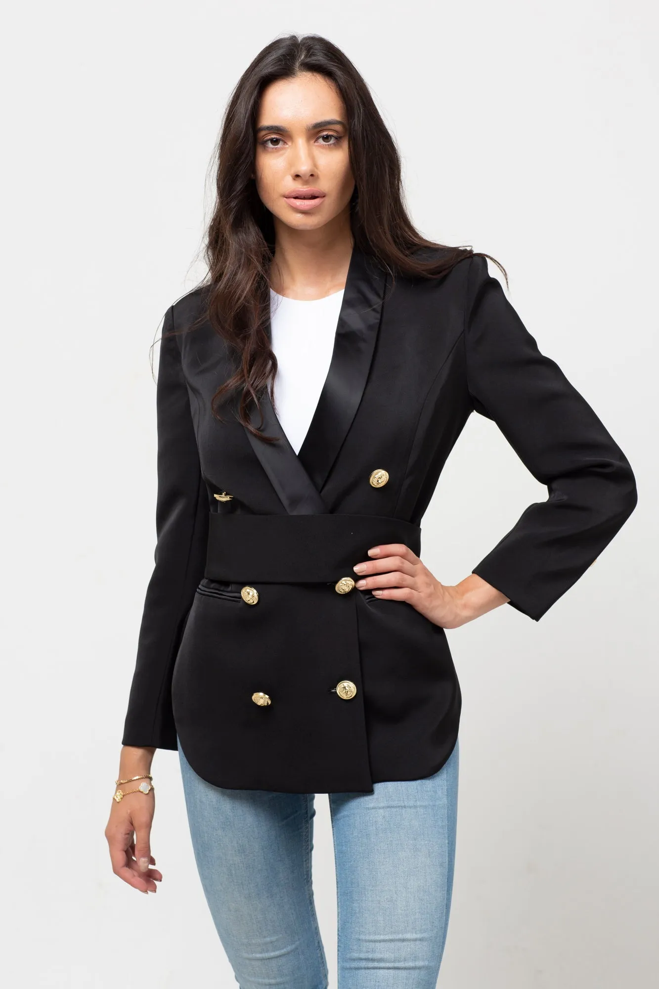 BELTED GOLD BUTTON BLAZER BLACK