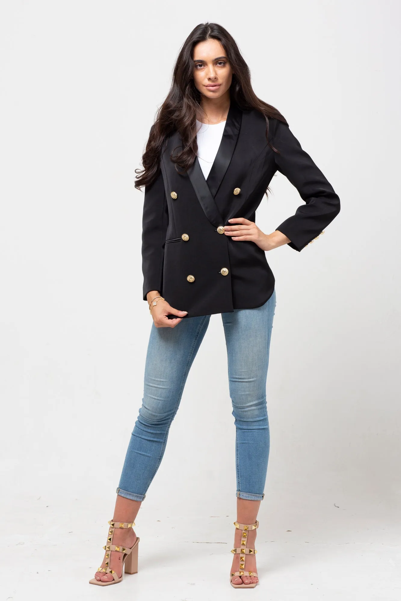 BELTED GOLD BUTTON BLAZER BLACK