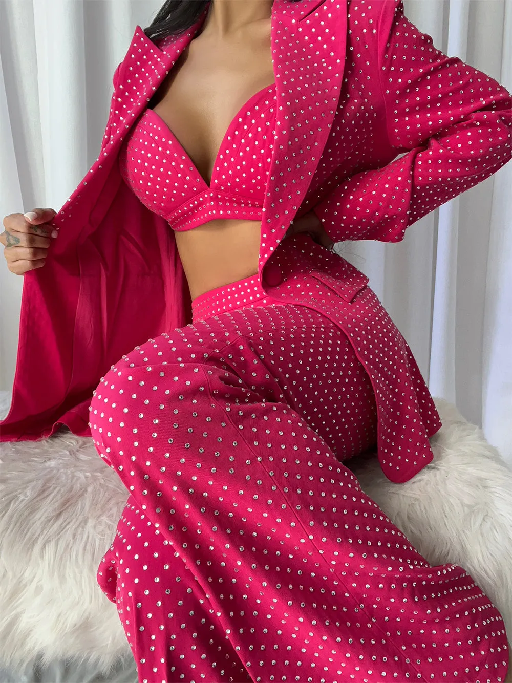 BIANELLE Blazer, Top & Pants Set in Fuchsia