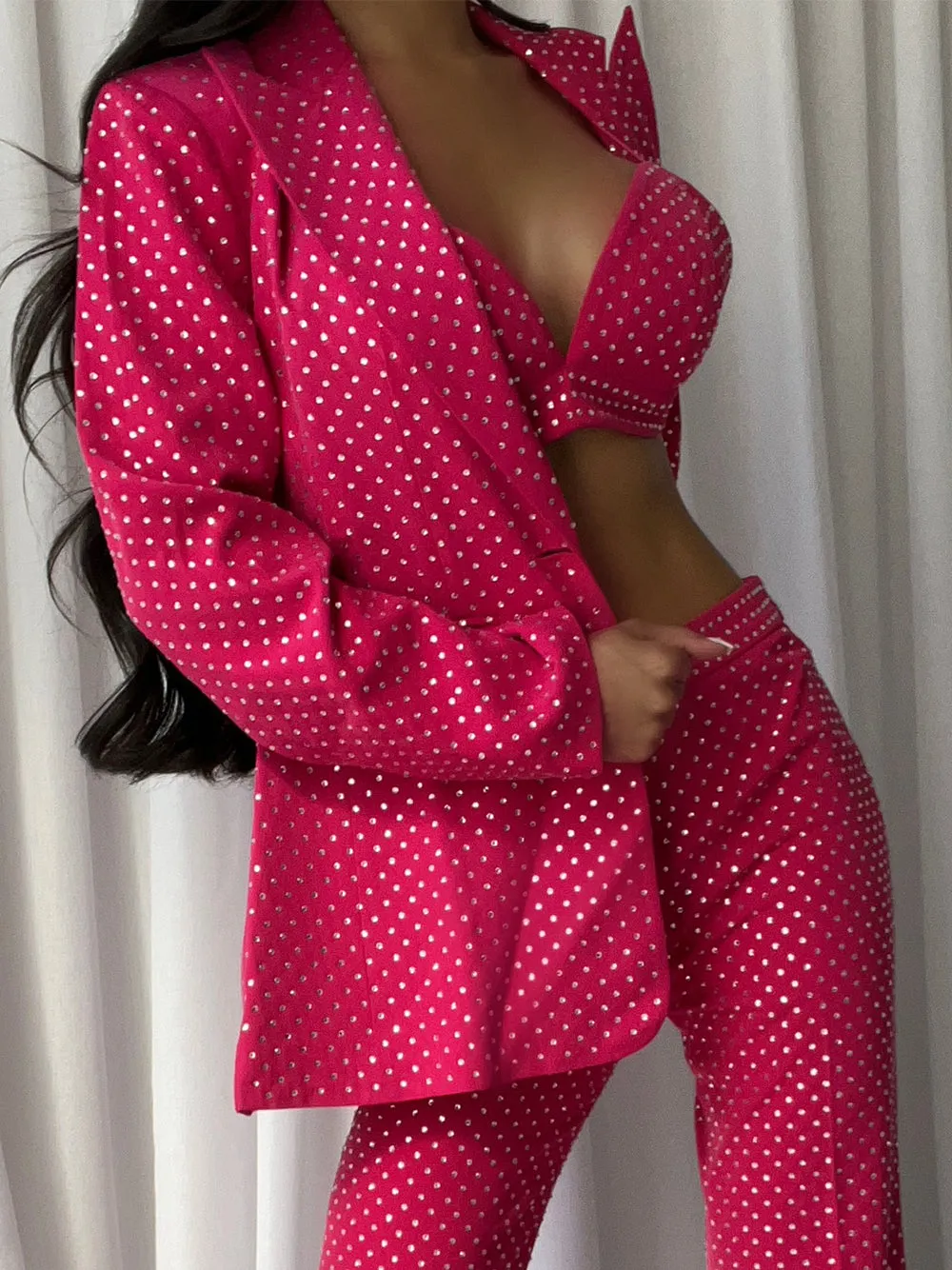 BIANELLE Blazer, Top & Pants Set in Fuchsia