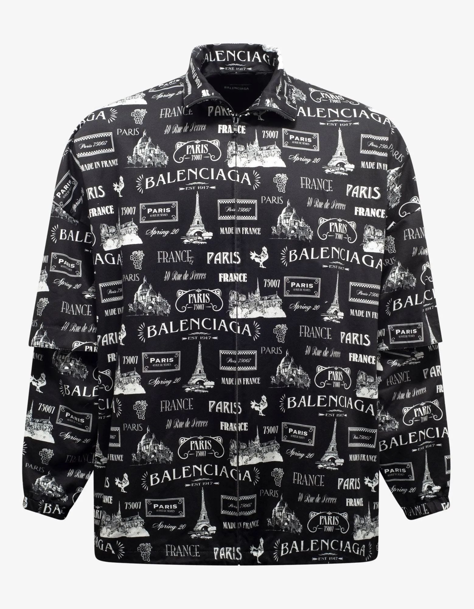 Black Double Sleeve Paris Resto Print Windbreaker -