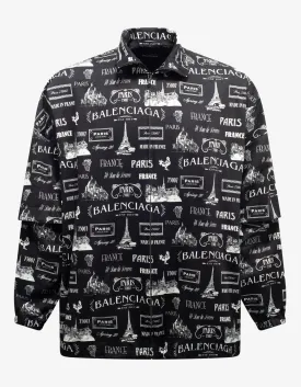 Black Double Sleeve Paris Resto Print Windbreaker -