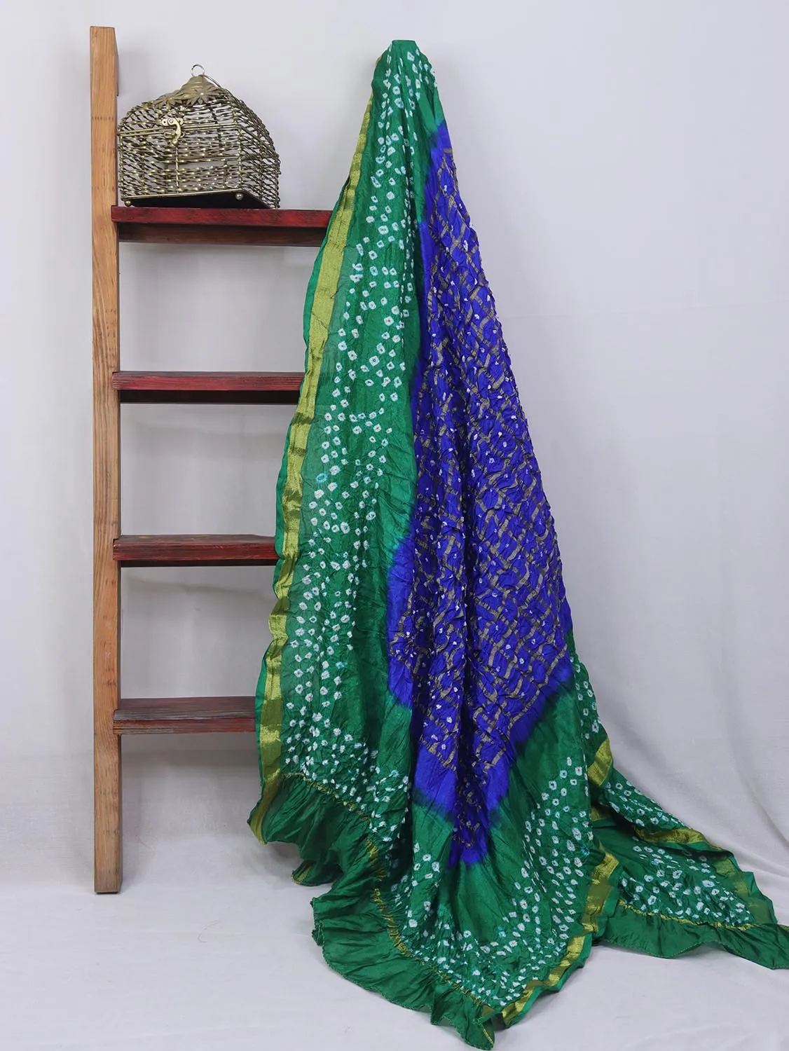 Blue And Green Checks Bandhani Silk Dupatta