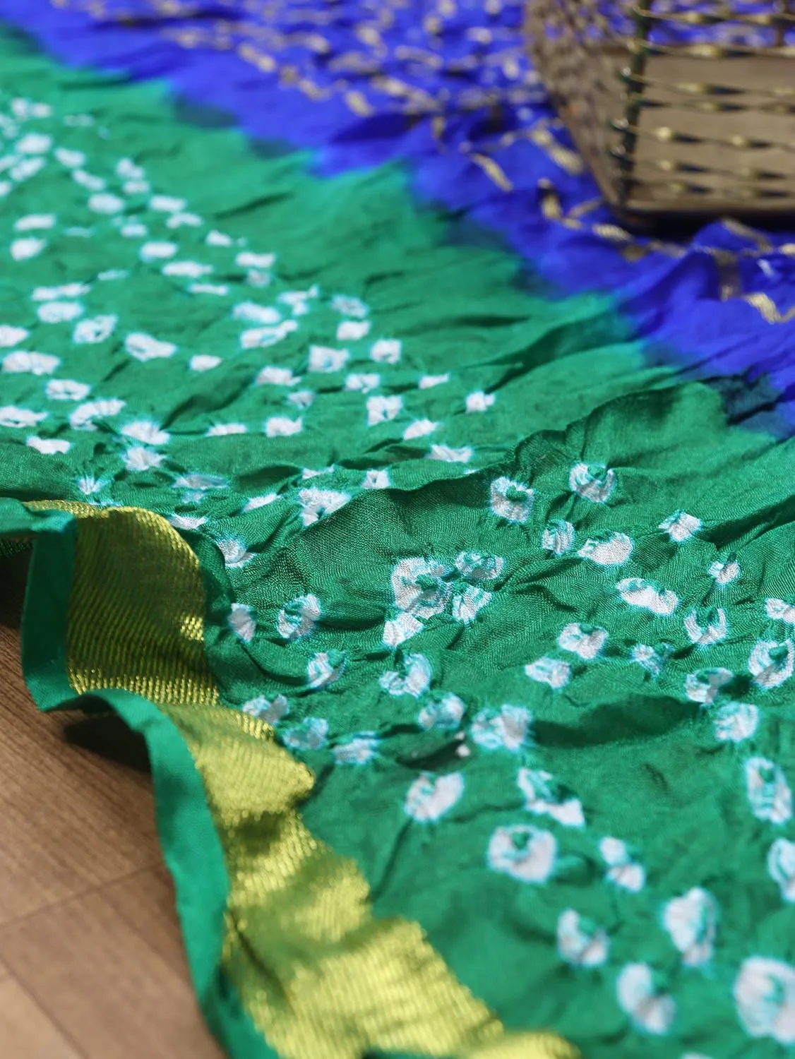 Blue And Green Checks Bandhani Silk Dupatta