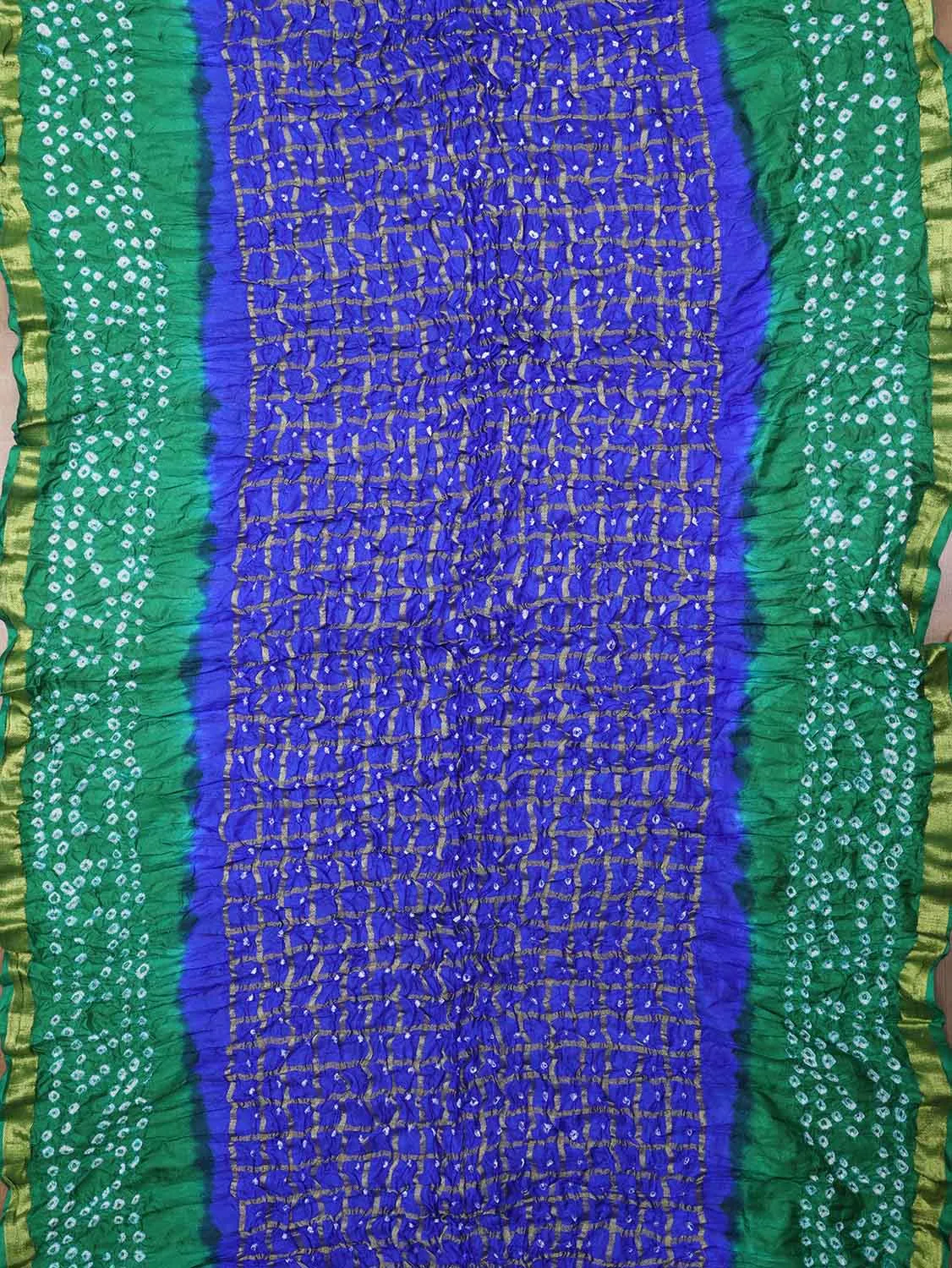 Blue And Green Checks Bandhani Silk Dupatta