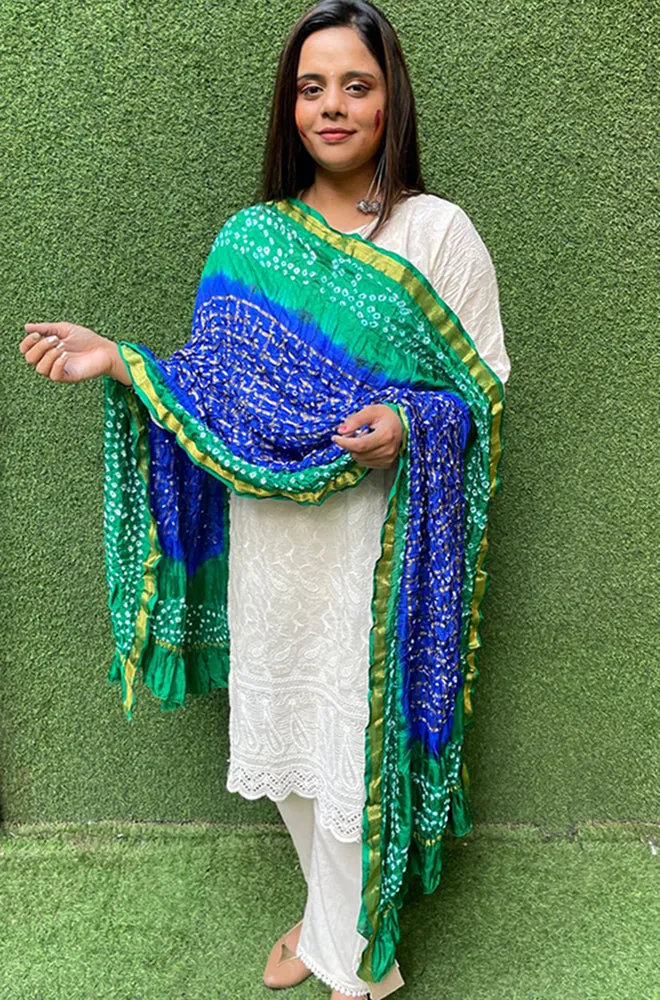 Blue And Green Checks Bandhani Silk Dupatta