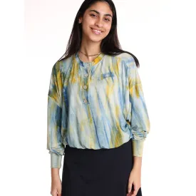 Blue/ Yellow Henley Dolman Top Streaky Tie Dye