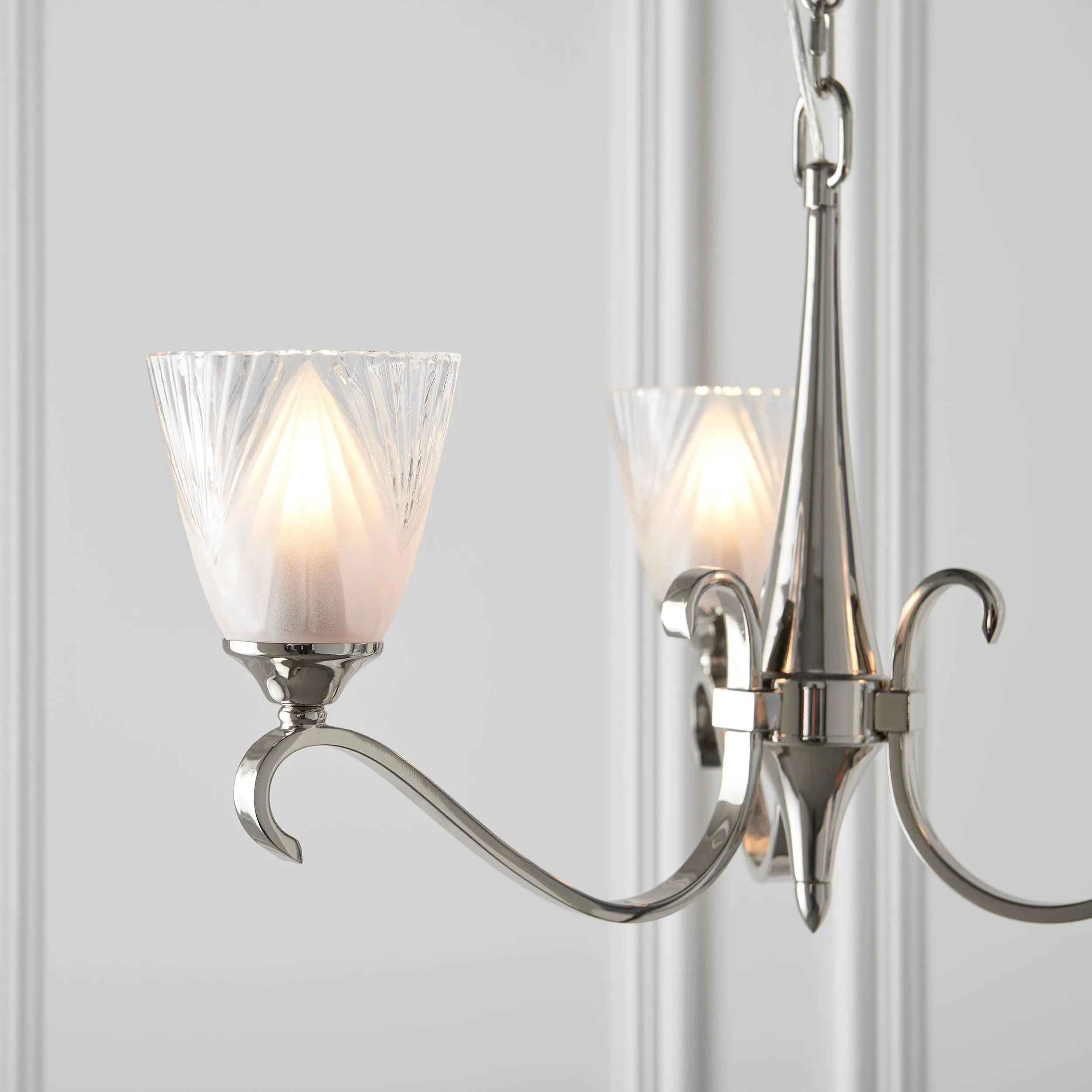 Columbia 3 Light Nickel Chandelier - Feather Glass Shades