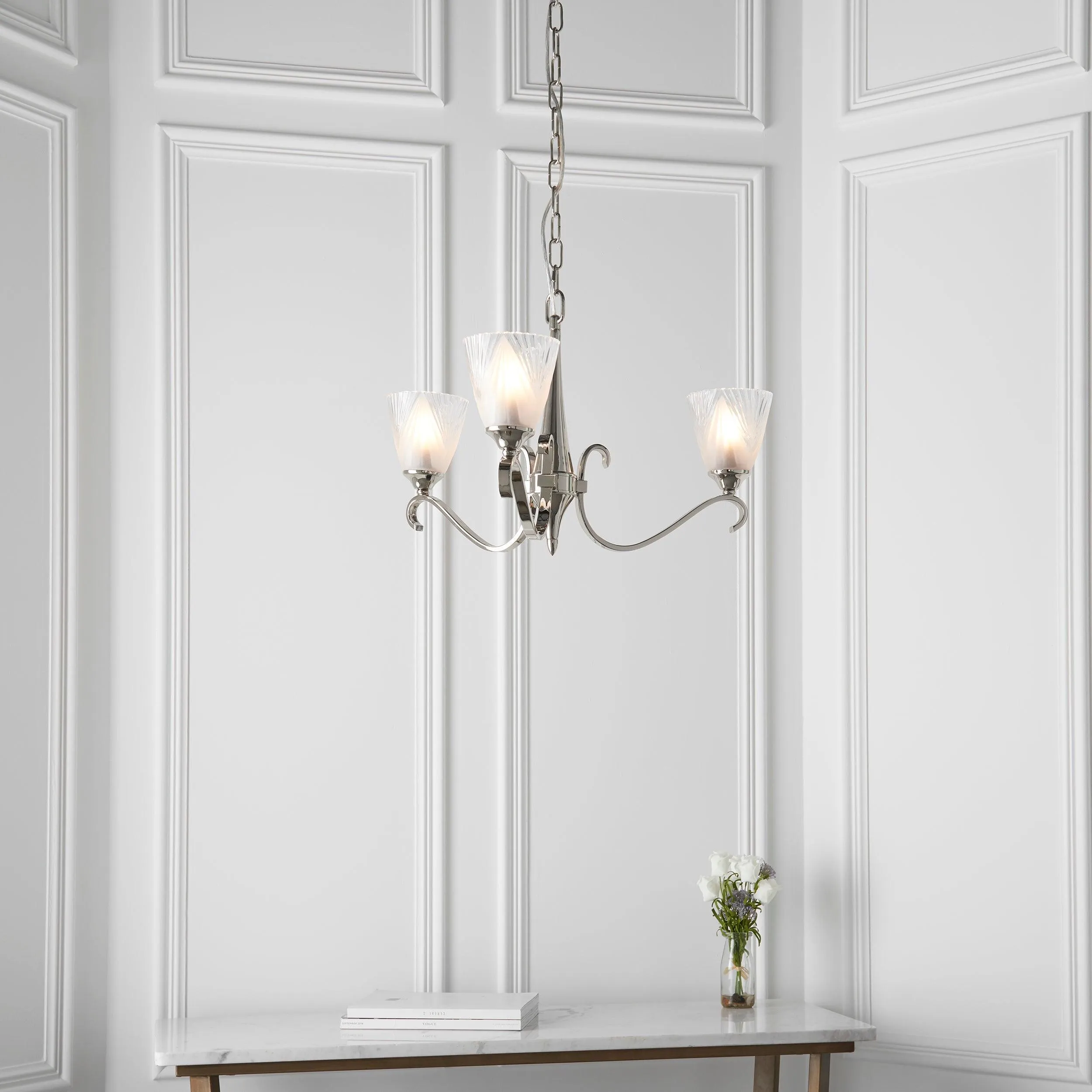 Columbia 3 Light Nickel Chandelier - Feather Glass Shades