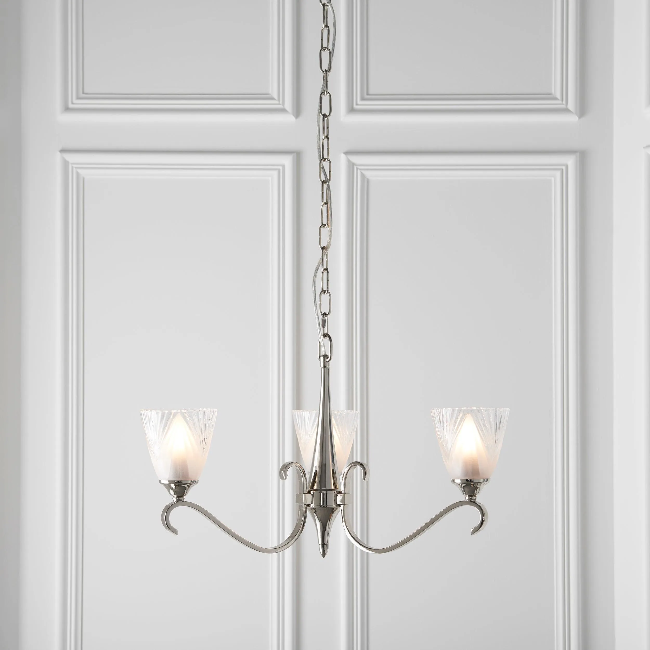 Columbia 3 Light Nickel Chandelier - Feather Glass Shades