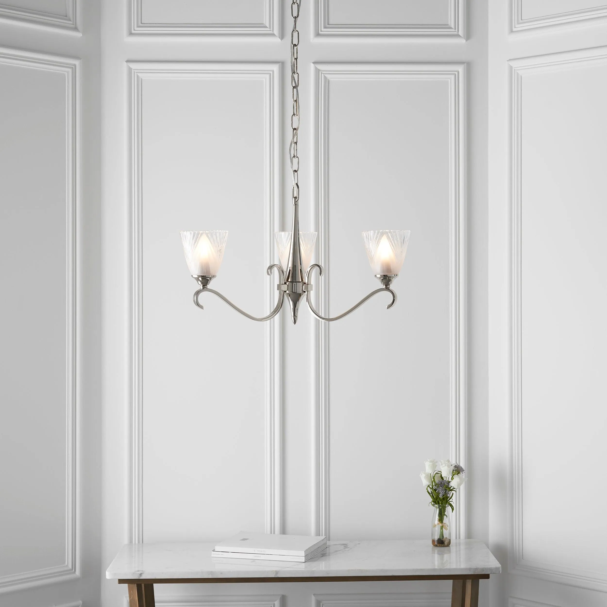 Columbia 3 Light Nickel Chandelier - Feather Glass Shades