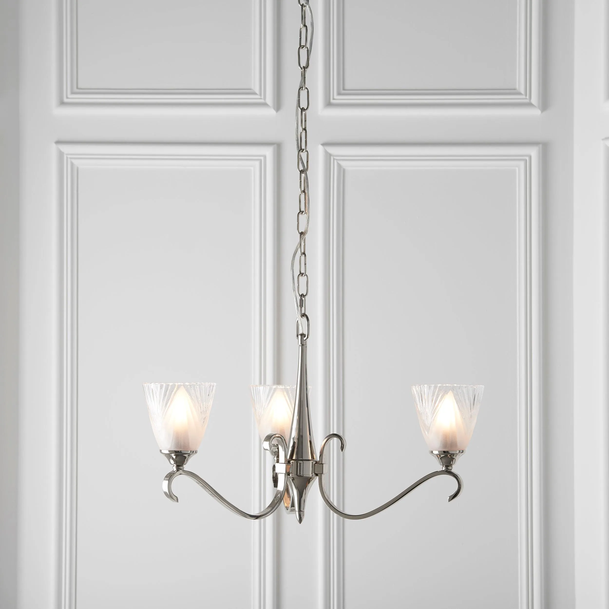 Columbia 3 Light Nickel Chandelier - Feather Glass Shades