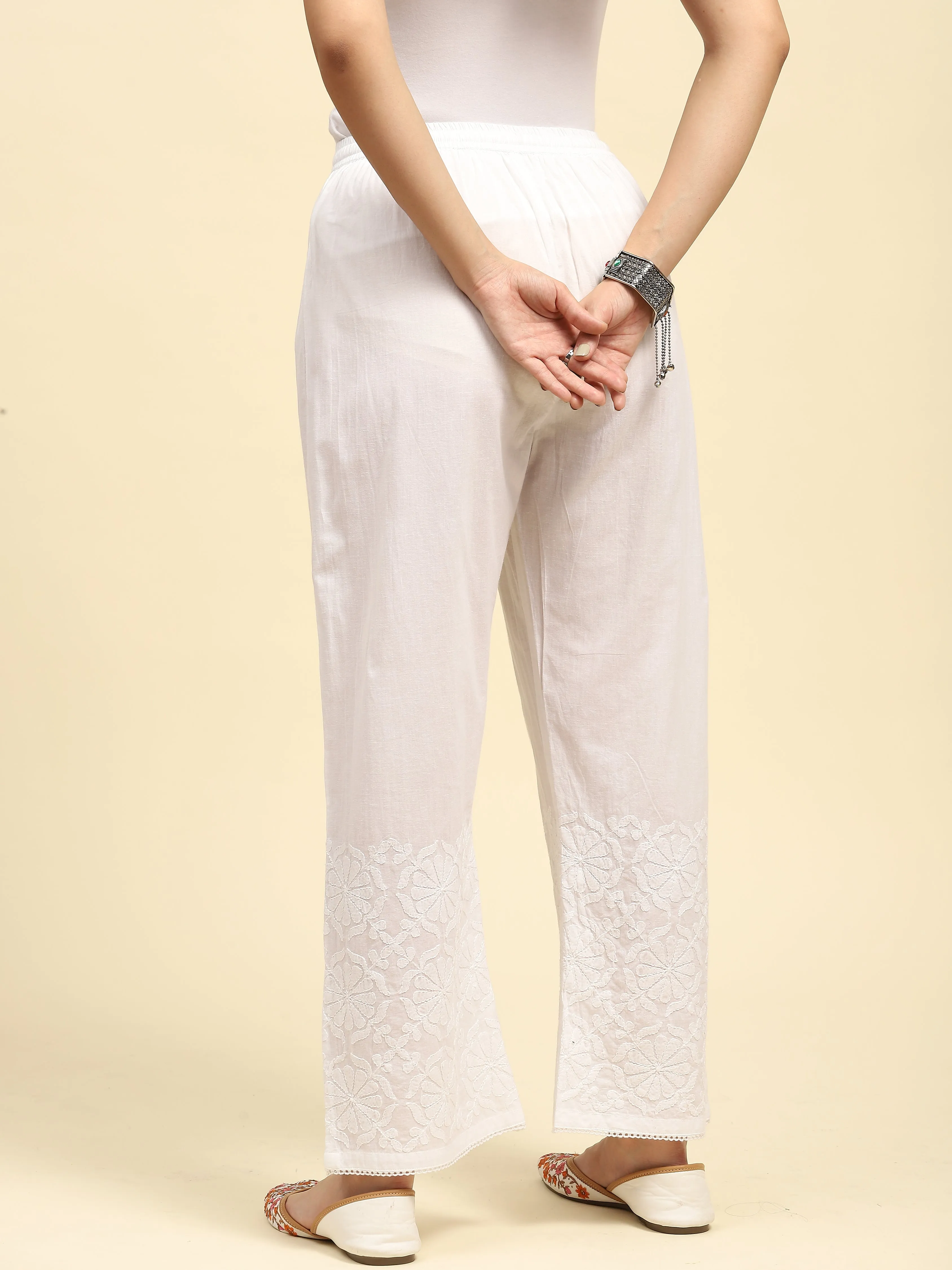 Cotton Chikankari Solid Women's Palazzo - White