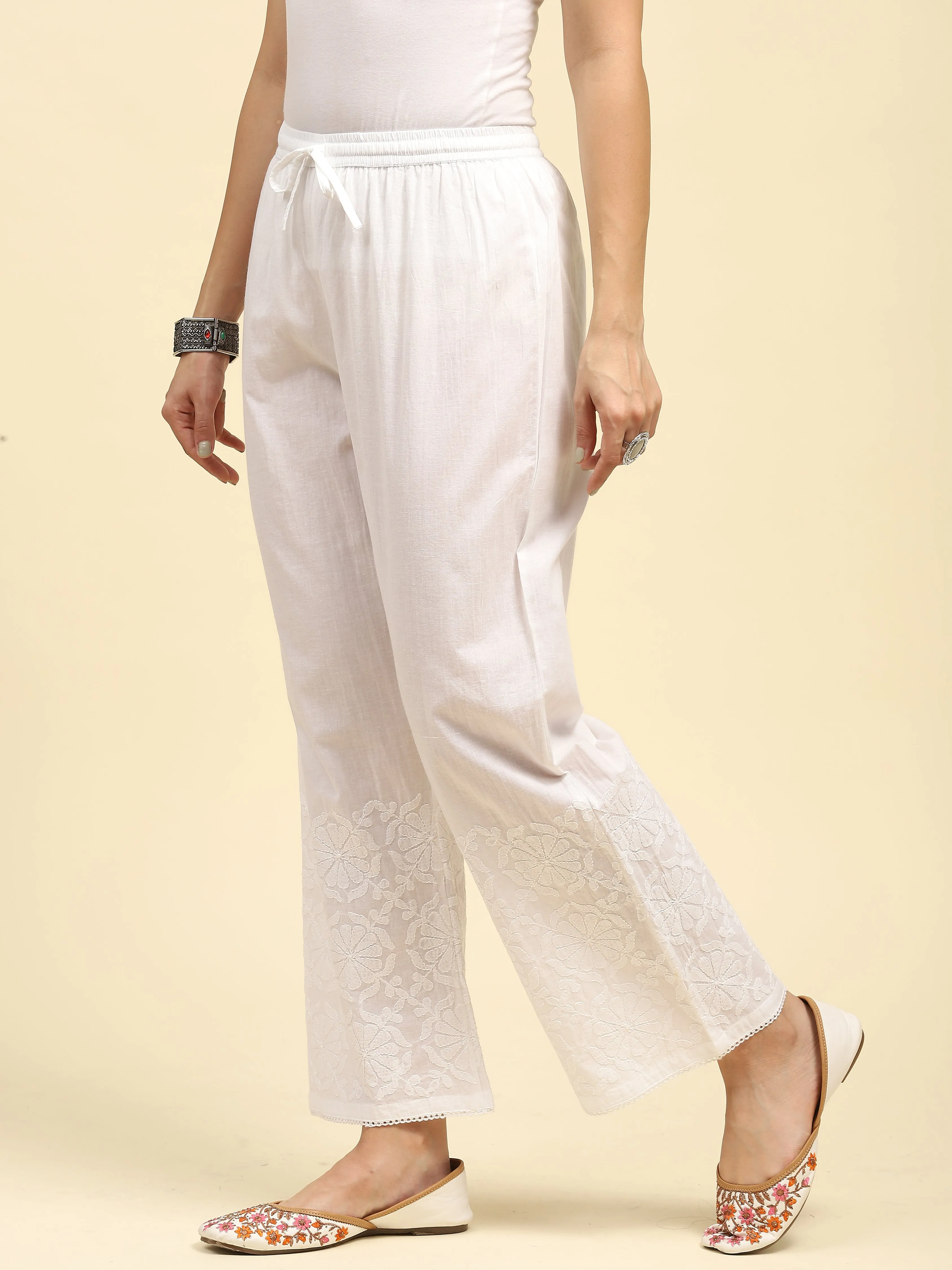 Cotton Chikankari Solid Women's Palazzo - White