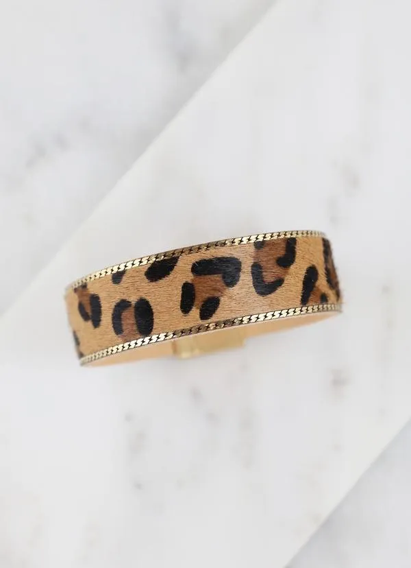 Faux Fur Animal Print Chain Trimmed Magnetic Bracelet
