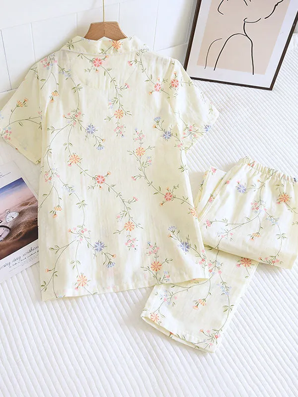 Flower Print Shirt Long Pants Pajmas Set