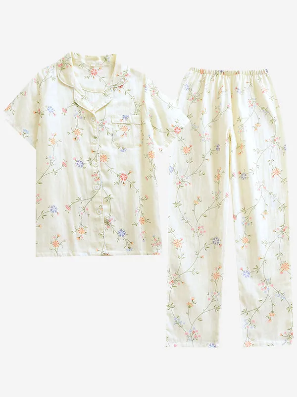 Flower Print Shirt Long Pants Pajmas Set