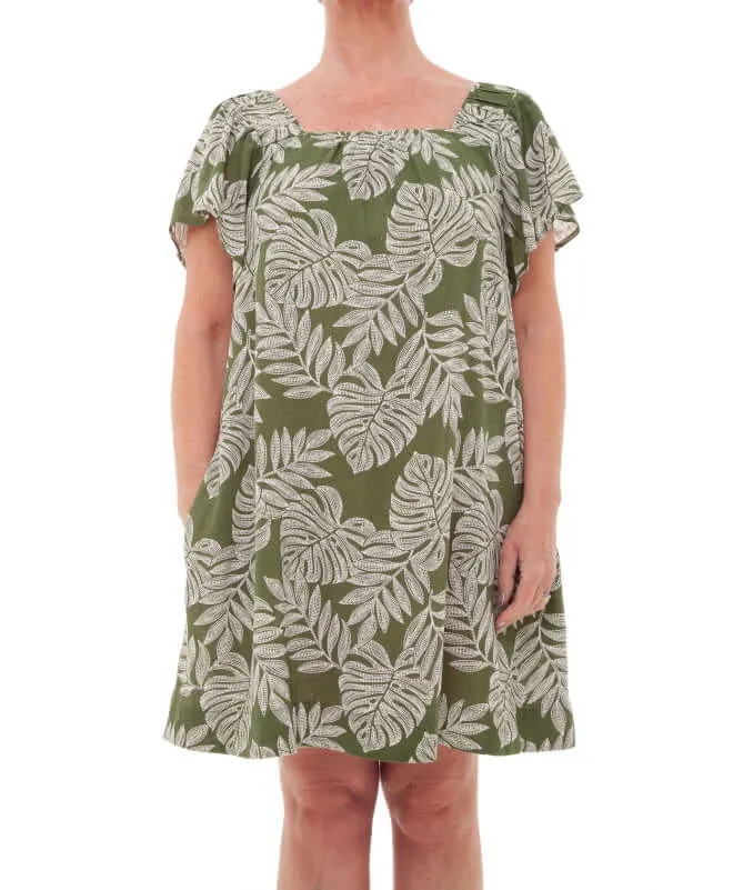 Linen Dotty Leaf Print Angel Sleeve Dress
