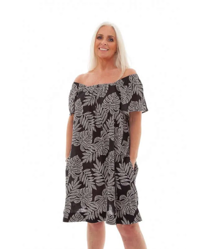 Linen Dotty Leaf Print Angel Sleeve Dress