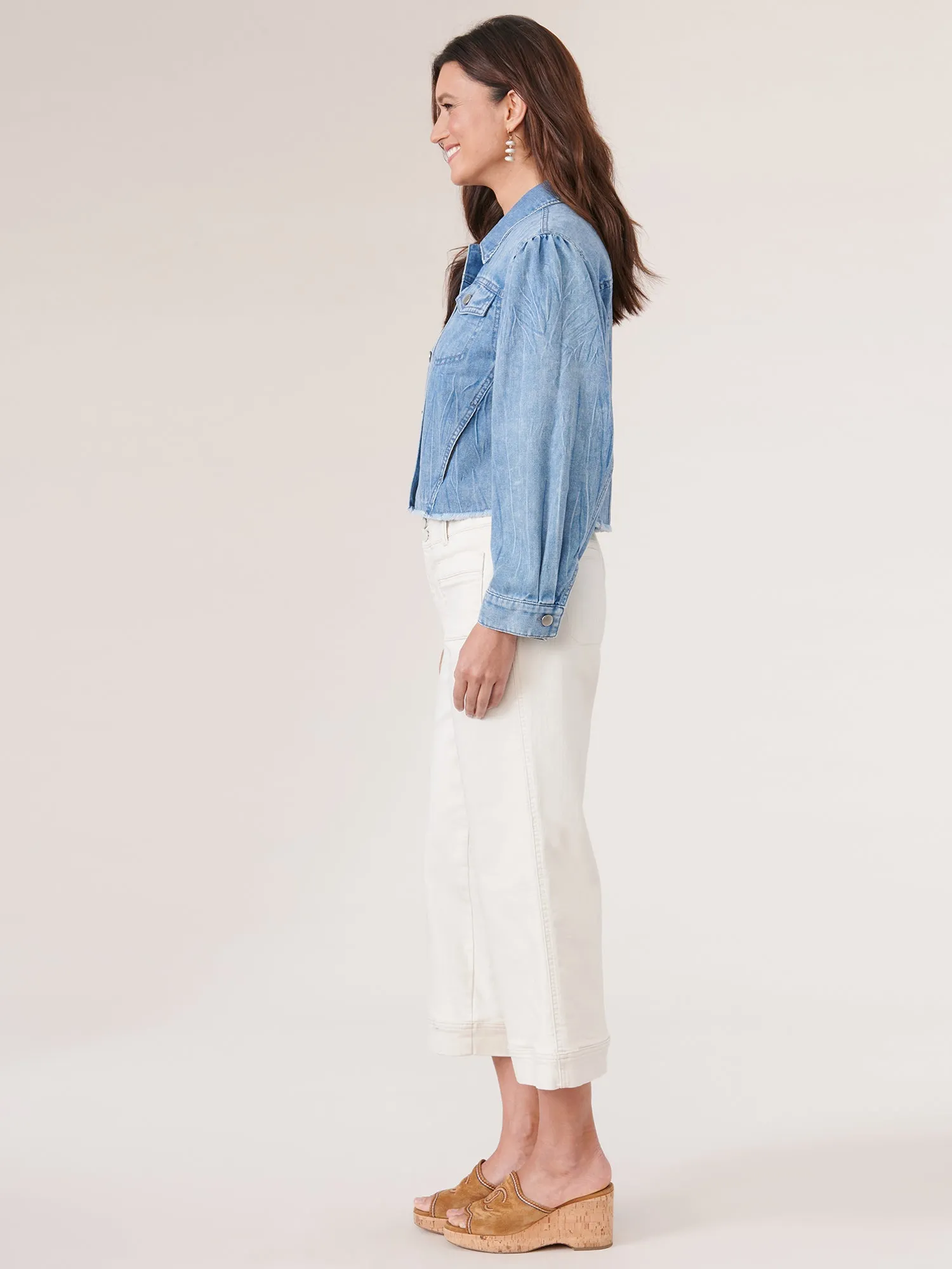 Long Puff Sleeve Button Down Fray Hem Denim Jacket