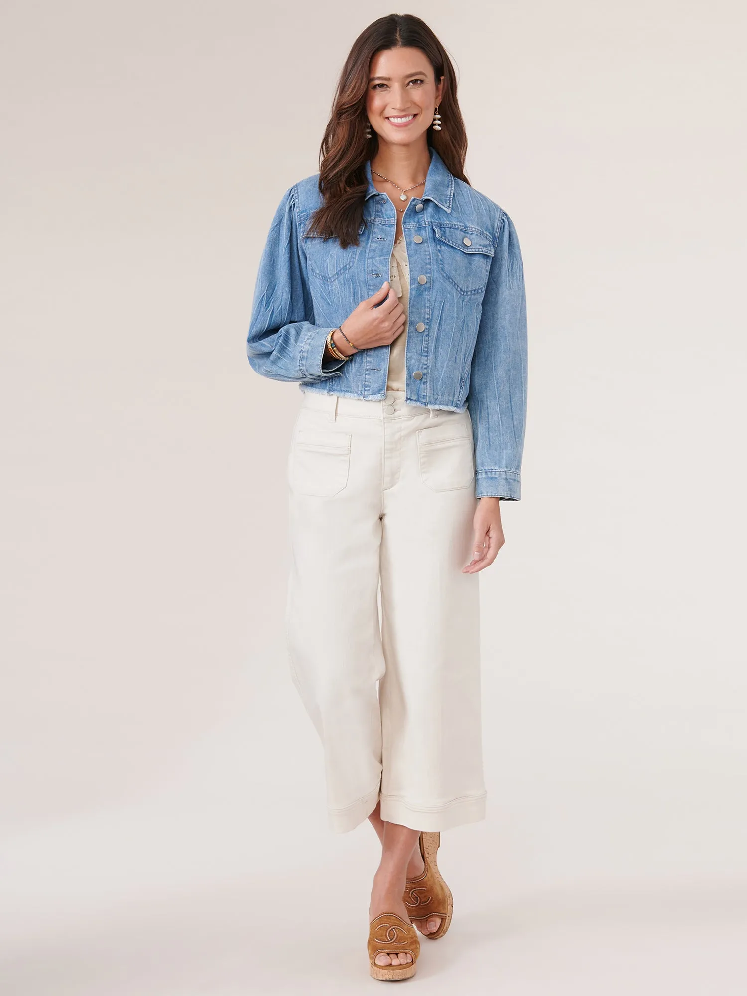 Long Puff Sleeve Button Down Fray Hem Denim Jacket