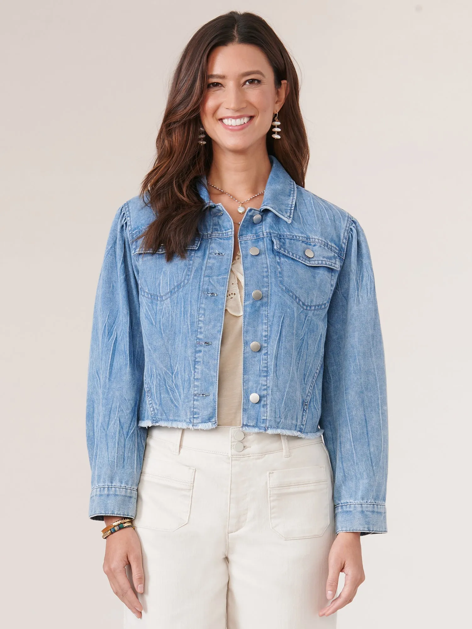 Long Puff Sleeve Button Down Fray Hem Denim Jacket