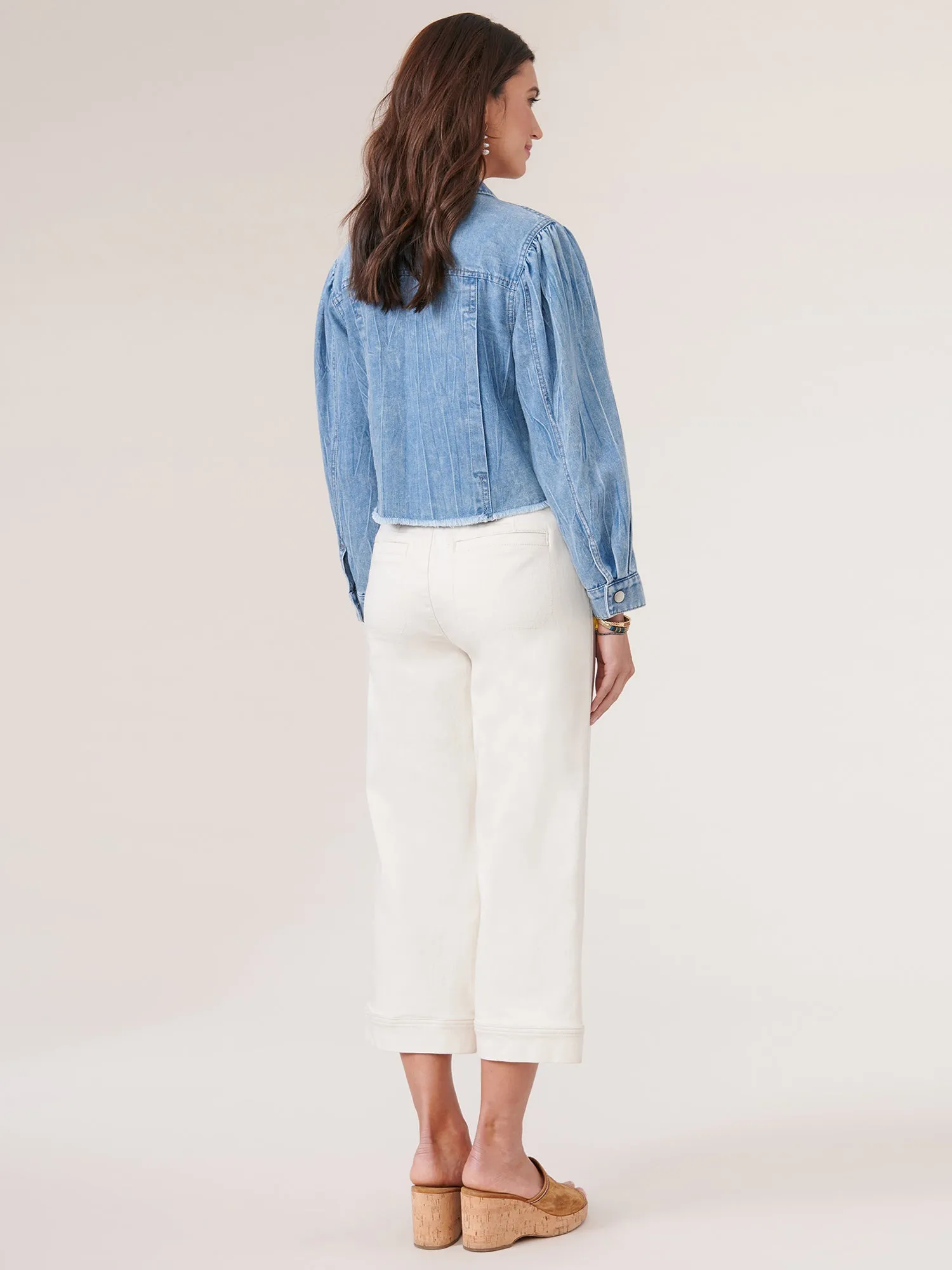 Long Puff Sleeve Button Down Fray Hem Denim Jacket