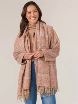 Long Sleeve Attached Scarf Dual Entry Pocket Tubular Fringe Plaid Coat