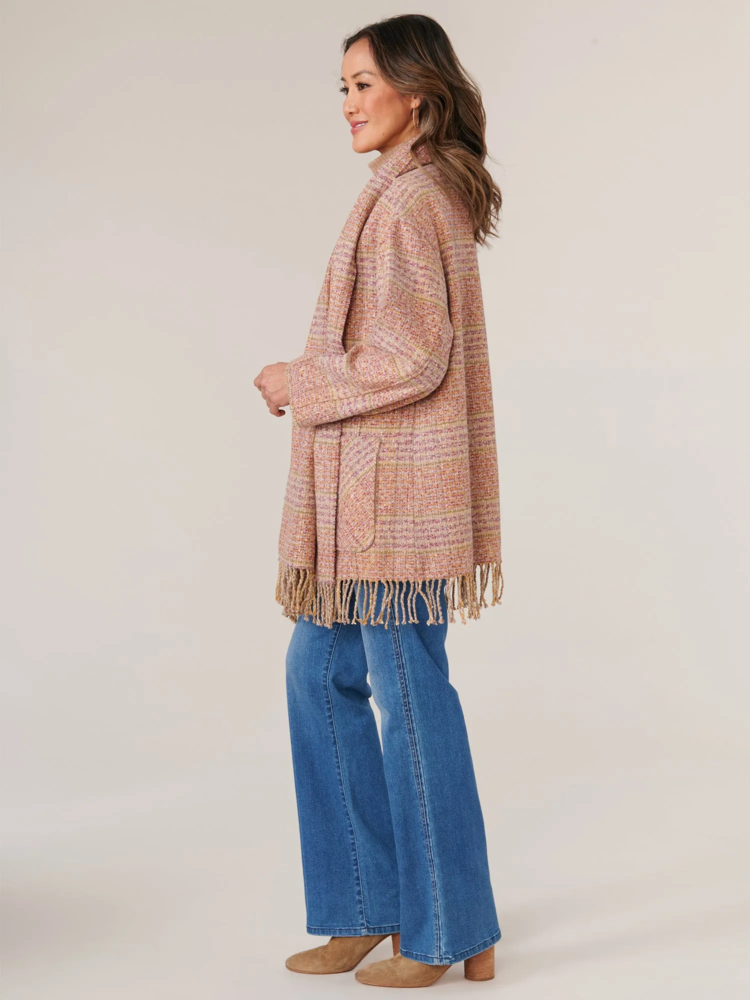 Long Sleeve Attached Scarf Dual Entry Pocket Tubular Fringe Plaid Coat