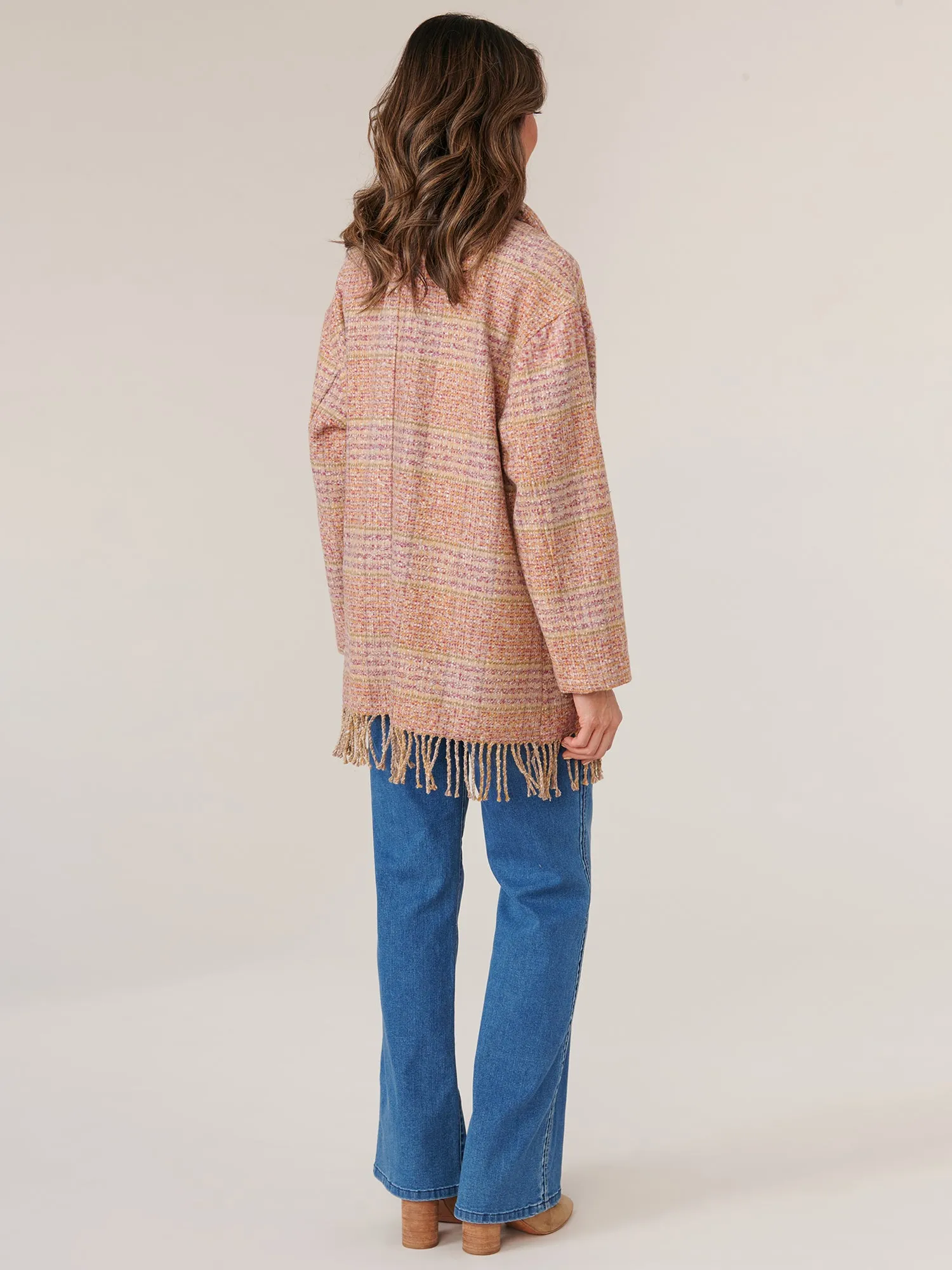 Long Sleeve Attached Scarf Dual Entry Pocket Tubular Fringe Plaid Coat