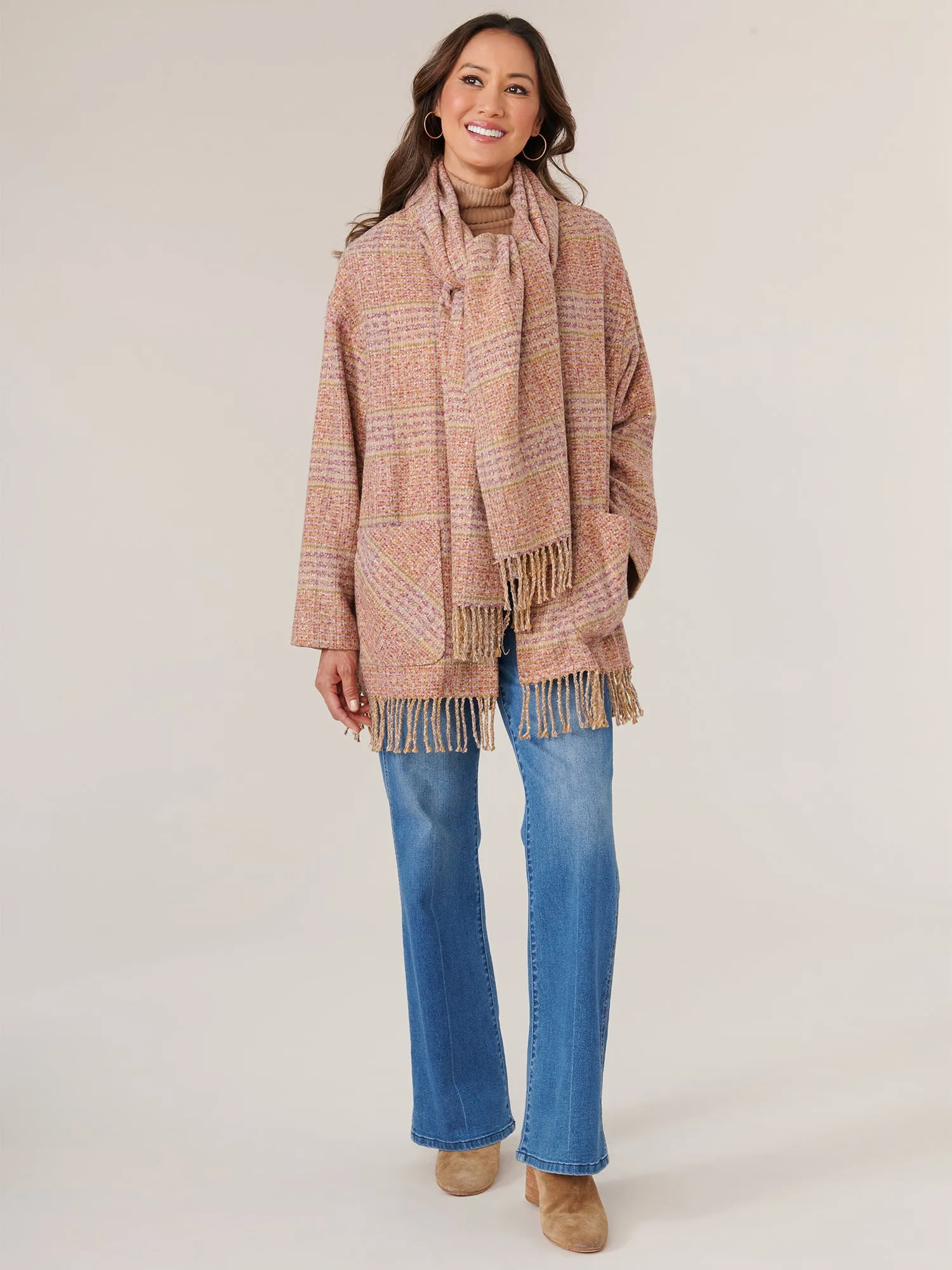 Long Sleeve Attached Scarf Dual Entry Pocket Tubular Fringe Plaid Coat